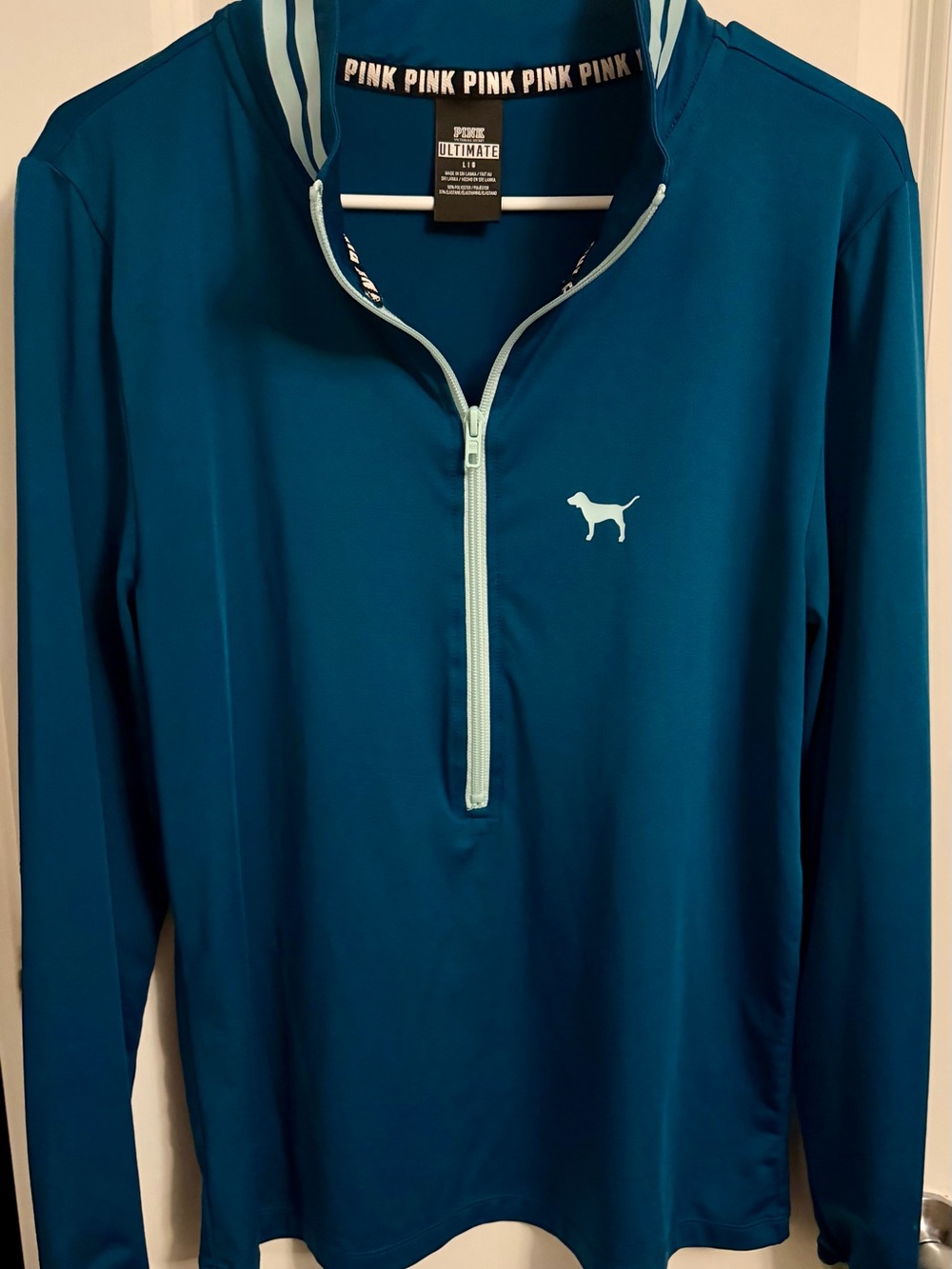 PINK Teal Quarter-Zip Pullover with Light Aqua Trim Size Large